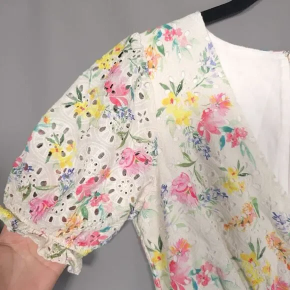 NWOT YUMI KIM Mini Dress Size 0 Be The One Floral Eyelet Cotton Mulberry Ivory